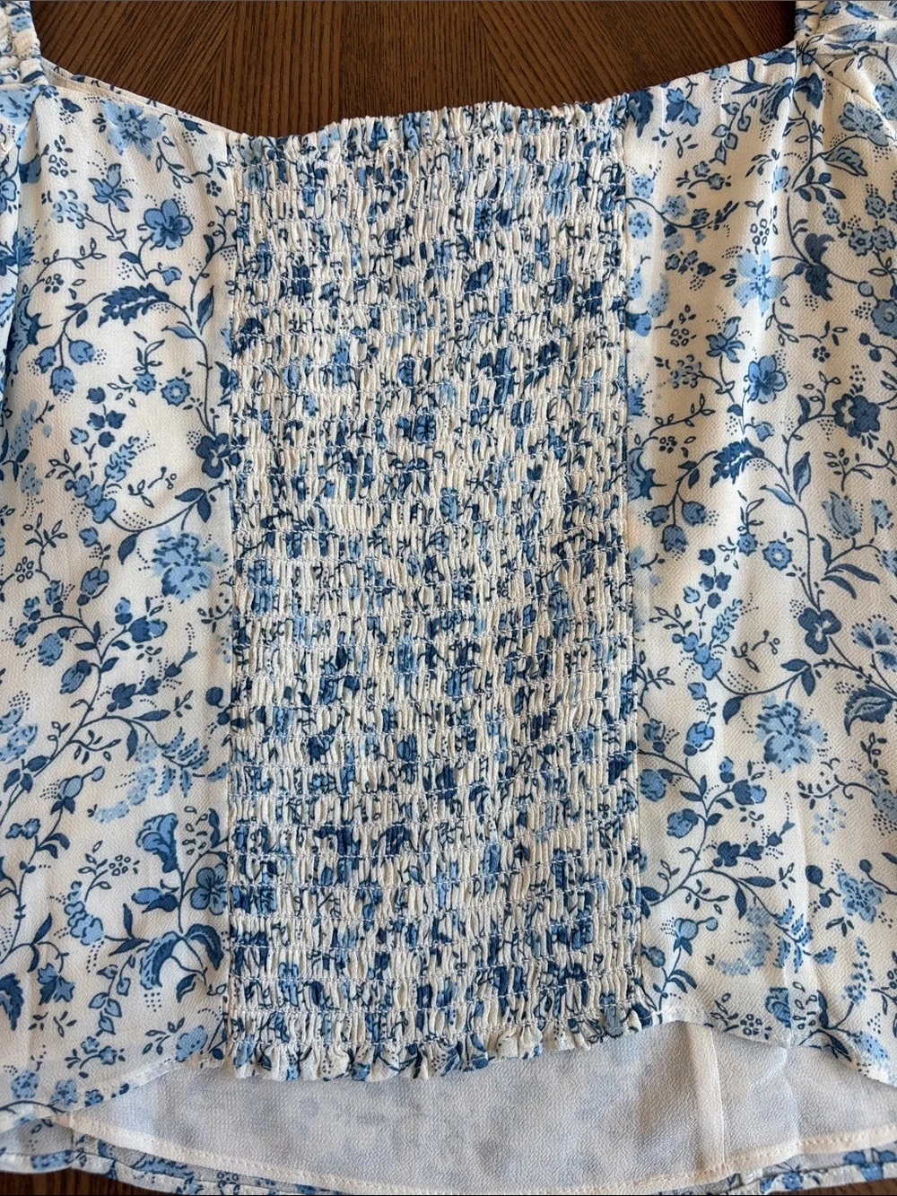 Reformation White and Blue Floral Puff-Sleeve Square-Neck Top